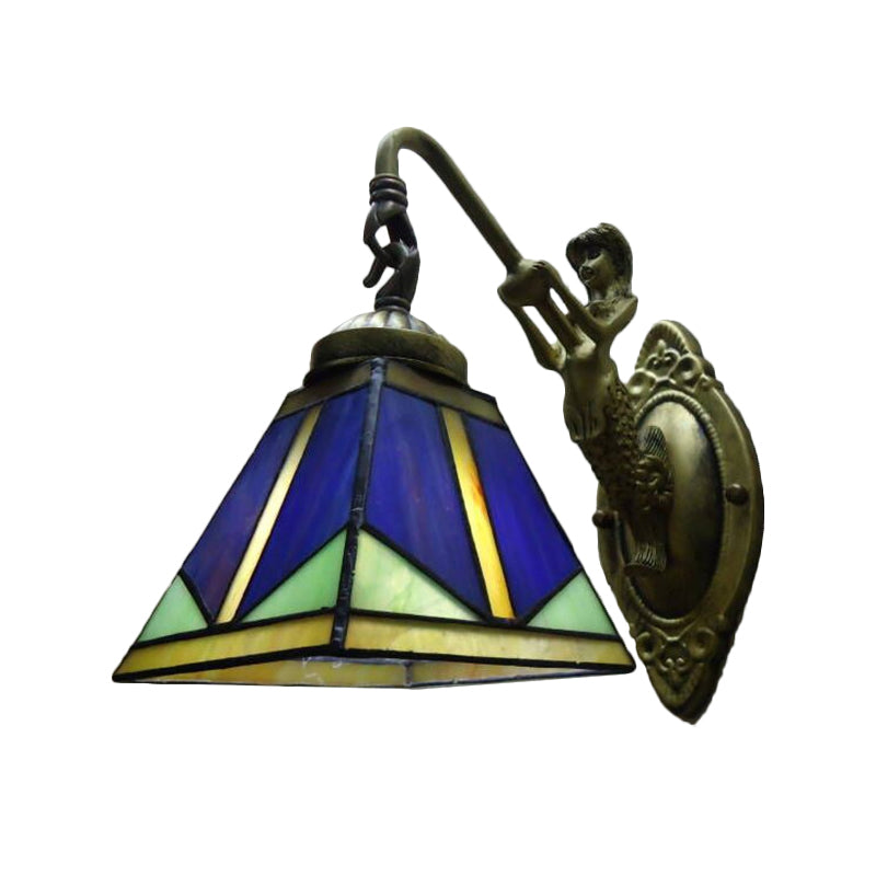 Trapezoid Wall Mount Light Fixture Tiffany Bronze Cut Glass Wall Lighting with Mermaid Arm Clearhalo 'Art deco wall lights' 'Cast Iron' 'Glass' 'Industrial' 'Middle century wall lights' 'Modern' 'Tiffany wall lights' 'Tiffany' 'Traditional wall lights' 'Wall Lamps & Sconces' 'Wall Lights' Lighting' 2029143
