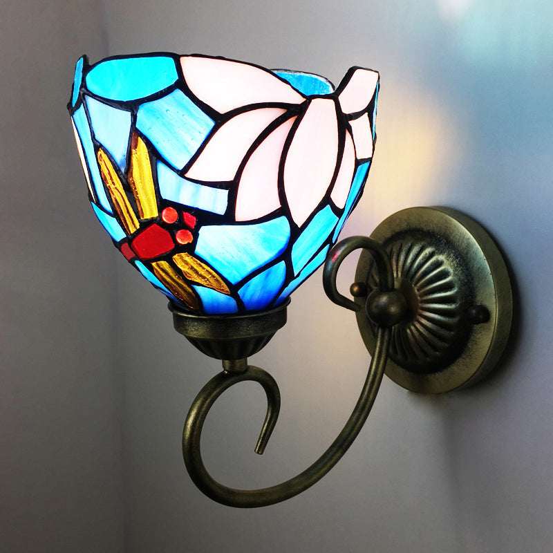 1 Bulb Wall Lamp Sconce Victorian Bowl Stained Glass Dragonfly Patterned Wall Light Fixture in Brass Brass A Clearhalo 'Art deco wall lights' 'Cast Iron' 'Glass' 'Industrial' 'Middle century wall lights' 'Modern' 'Tiffany wall lights' 'Tiffany' 'Traditional wall lights' 'Wall Lamps & Sconces' 'Wall Lights' Lighting' 2029145