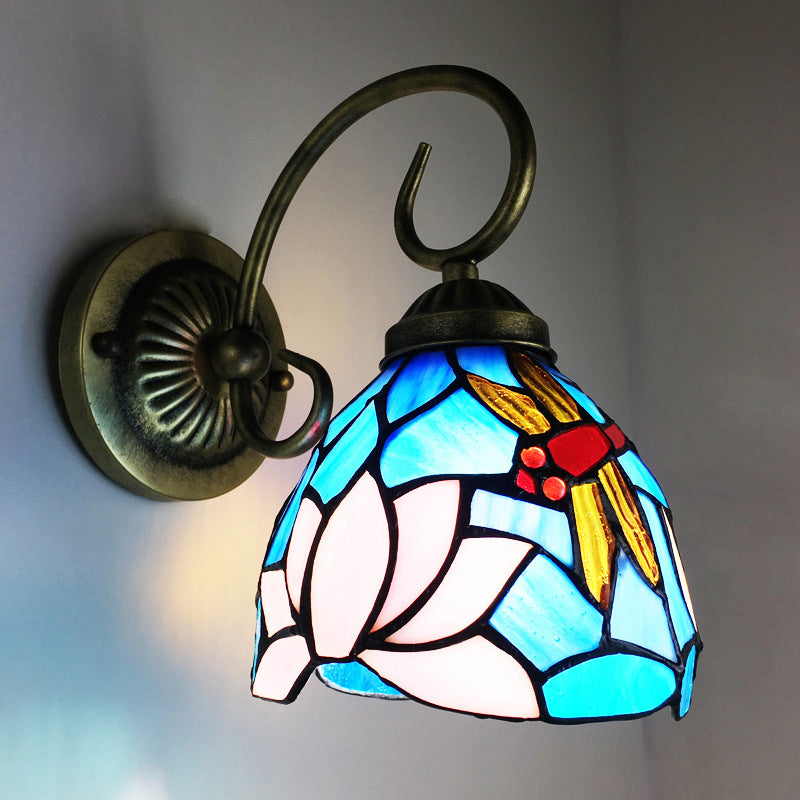 1 Bulb Wall Lamp Sconce Victorian Bowl Stained Glass Dragonfly Patterned Wall Light Fixture in Brass Clearhalo 'Art deco wall lights' 'Cast Iron' 'Glass' 'Industrial' 'Middle century wall lights' 'Modern' 'Tiffany wall lights' 'Tiffany' 'Traditional wall lights' 'Wall Lamps & Sconces' 'Wall Lights' Lighting' 2029146