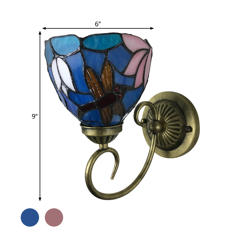 1 Bulb Wall Lamp Sconce Victorian Bowl Stained Glass Dragonfly Patterned Wall Light Fixture in Brass Clearhalo 'Art deco wall lights' 'Cast Iron' 'Glass' 'Industrial' 'Middle century wall lights' 'Modern' 'Tiffany wall lights' 'Tiffany' 'Traditional wall lights' 'Wall Lamps & Sconces' 'Wall Lights' Lighting' 2029149