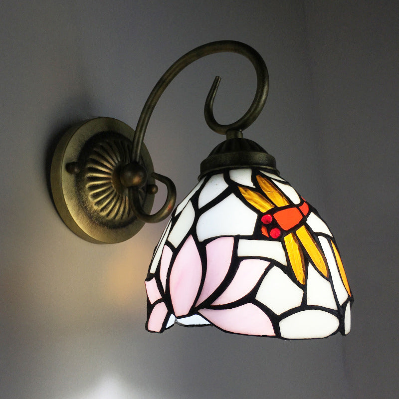 1 Bulb Wall Lamp Sconce Victorian Bowl Stained Glass Dragonfly Patterned Wall Light Fixture in Brass Brass C Clearhalo 'Art deco wall lights' 'Cast Iron' 'Glass' 'Industrial' 'Middle century wall lights' 'Modern' 'Tiffany wall lights' 'Tiffany' 'Traditional wall lights' 'Wall Lamps & Sconces' 'Wall Lights' Lighting' 2029150