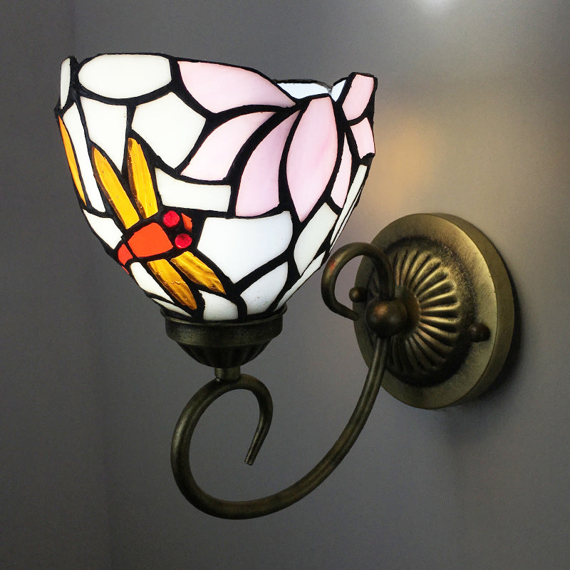 1 Bulb Wall Lamp Sconce Victorian Bowl Stained Glass Dragonfly Patterned Wall Light Fixture in Brass Clearhalo 'Art deco wall lights' 'Cast Iron' 'Glass' 'Industrial' 'Middle century wall lights' 'Modern' 'Tiffany wall lights' 'Tiffany' 'Traditional wall lights' 'Wall Lamps & Sconces' 'Wall Lights' Lighting' 2029151