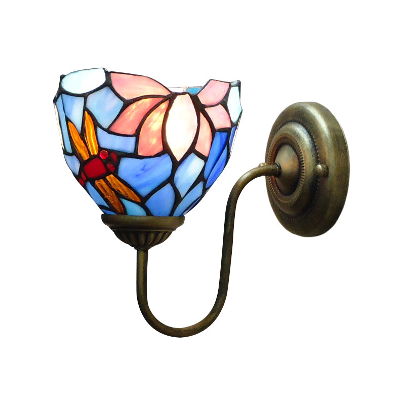 1 Bulb Wall Lamp Sconce Victorian Bowl Stained Glass Dragonfly Patterned Wall Light Fixture in Brass Clearhalo 'Art deco wall lights' 'Cast Iron' 'Glass' 'Industrial' 'Middle century wall lights' 'Modern' 'Tiffany wall lights' 'Tiffany' 'Traditional wall lights' 'Wall Lamps & Sconces' 'Wall Lights' Lighting' 2029156