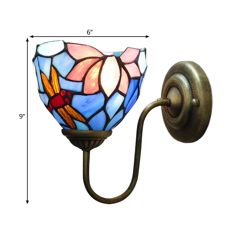 1 Bulb Wall Lamp Sconce Victorian Bowl Stained Glass Dragonfly Patterned Wall Light Fixture in Brass Clearhalo 'Art deco wall lights' 'Cast Iron' 'Glass' 'Industrial' 'Middle century wall lights' 'Modern' 'Tiffany wall lights' 'Tiffany' 'Traditional wall lights' 'Wall Lamps & Sconces' 'Wall Lights' Lighting' 2029157
