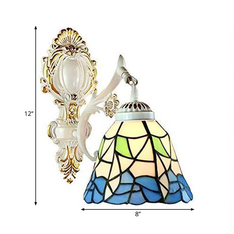 Curved Arm Stained Glass Wall Sconce Light Tiffany 1 Head Wall Mount Lamp with Geometry Shade Clearhalo 'Art deco wall lights' 'Cast Iron' 'Glass' 'Industrial wall lights' 'Industrial' 'Middle century wall lights' 'Modern' 'Rustic wall lights' 'Tiffany' 'Traditional wall lights' 'Wall Lamps & Sconces' 'Wall Lights' Lighting' 2029169