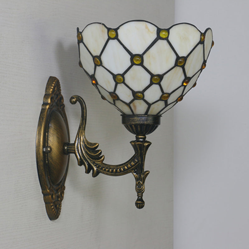 1 Head Corridor Wall Sconce Light Mediterranean Brass Wall Lighting with Geometry Cut Glass Shade Clearhalo 'Art deco wall lights' 'Cast Iron' 'Glass' 'Industrial' 'Middle century wall lights' 'Modern' 'Tiffany wall lights' 'Tiffany' 'Traditional wall lights' 'Wall Lamps & Sconces' 'Wall Lights' Lighting' 2029178