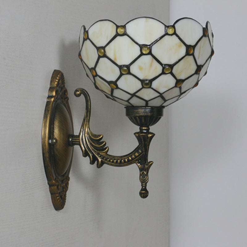 1 Head Corridor Wall Sconce Light Mediterranean Brass Wall Lighting with Geometry Cut Glass Shade Clearhalo 'Art deco wall lights' 'Cast Iron' 'Glass' 'Industrial' 'Middle century wall lights' 'Modern' 'Tiffany wall lights' 'Tiffany' 'Traditional wall lights' 'Wall Lamps & Sconces' 'Wall Lights' Lighting' 2029186