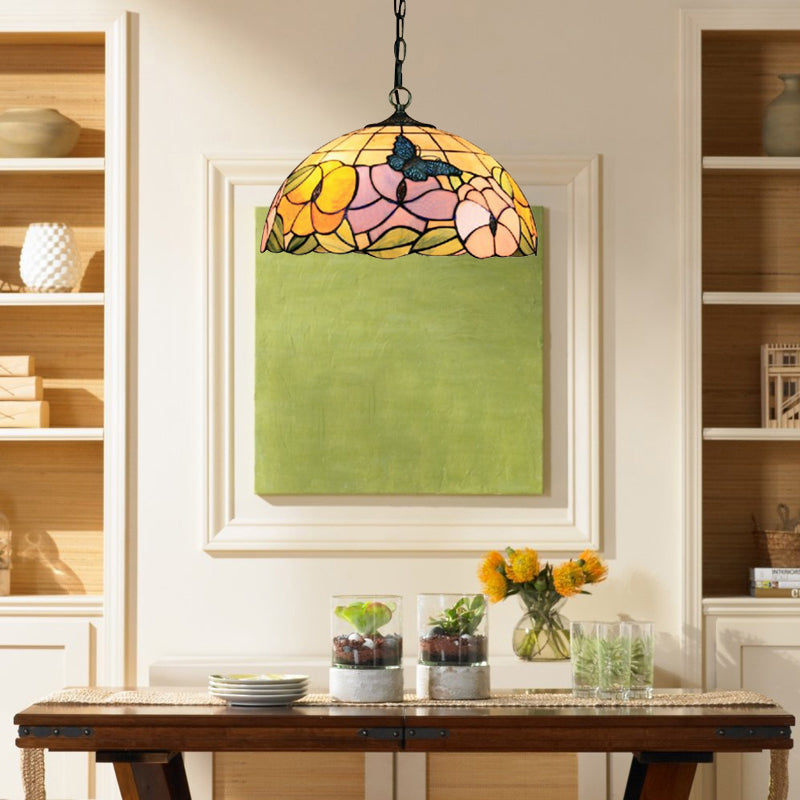 Butterfly Suspension Lamp Baroque 1 Head Yellow/Purple Stained Art Glass Ceiling Hanging Light, 12"/16" Wide Yellow 16" Clearhalo 'Ceiling Lights' 'Close To Ceiling Lights' 'Industrial' 'Middle Century Pendants' 'Pendant Lights' 'Pendants' 'Tiffany close to ceiling' 'Tiffany Pendants' 'Tiffany' Lighting' 20292