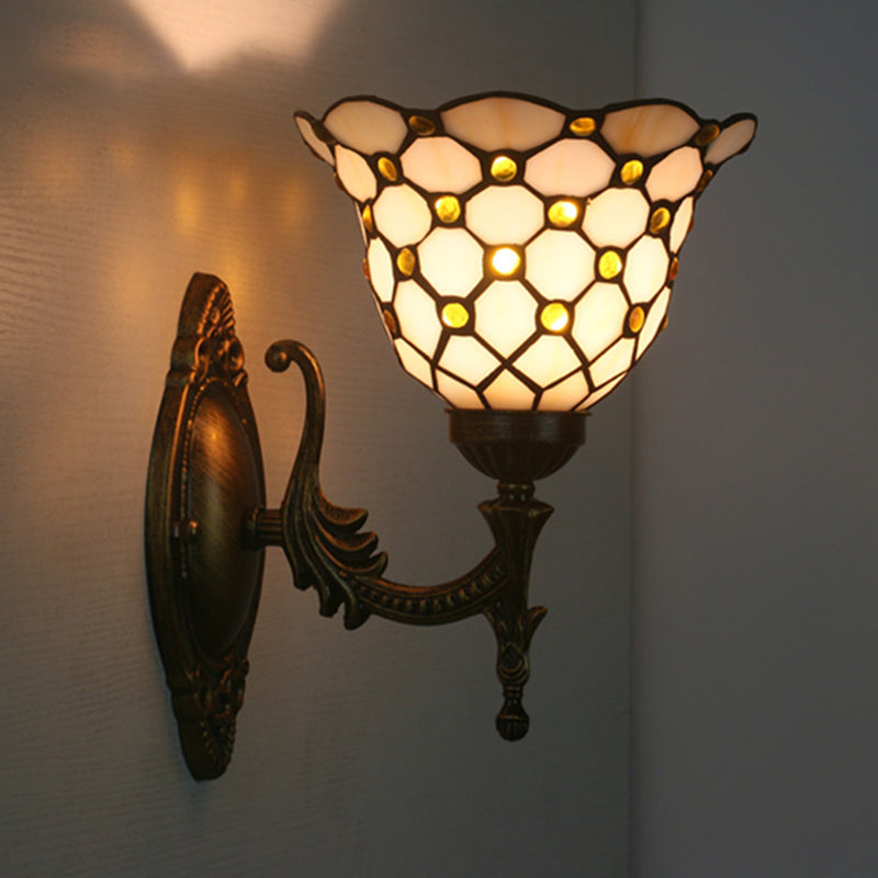 1 Head Corridor Wall Sconce Light Mediterranean Brass Wall Lighting with Geometry Cut Glass Shade Black C Clearhalo 'Art deco wall lights' 'Cast Iron' 'Glass' 'Industrial' 'Middle century wall lights' 'Modern' 'Tiffany wall lights' 'Tiffany' 'Traditional wall lights' 'Wall Lamps & Sconces' 'Wall Lights' Lighting' 2029201