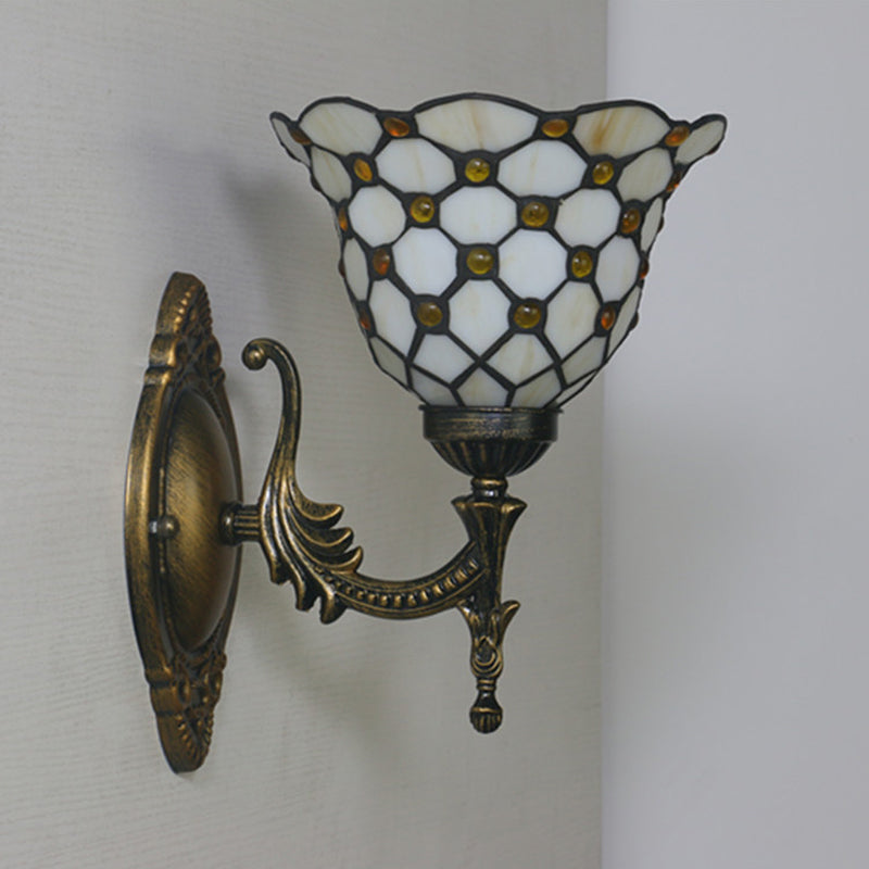 1 Head Corridor Wall Sconce Light Mediterranean Brass Wall Lighting with Geometry Cut Glass Shade Clearhalo 'Art deco wall lights' 'Cast Iron' 'Glass' 'Industrial' 'Middle century wall lights' 'Modern' 'Tiffany wall lights' 'Tiffany' 'Traditional wall lights' 'Wall Lamps & Sconces' 'Wall Lights' Lighting' 2029202