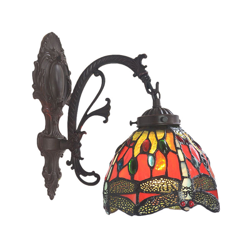 Victorian Dome Sconce Light Fixture 1 Bulb Red Cut Glass Wall Mount Lamp with Dragonfly Pattern Red Clearhalo 'Art deco wall lights' 'Cast Iron' 'Glass' 'Industrial' 'Middle century wall lights' 'Modern' 'Tiffany wall lights' 'Tiffany' 'Traditional wall lights' 'Wall Lamps & Sconces' 'Wall Lights' Lighting' 2029215