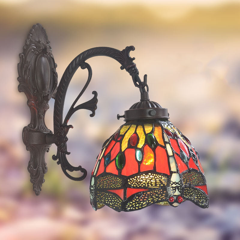 Victorian Dome Sconce Light Fixture 1 Bulb Red Cut Glass Wall Mount Lamp with Dragonfly Pattern Clearhalo 'Art deco wall lights' 'Cast Iron' 'Glass' 'Industrial' 'Middle century wall lights' 'Modern' 'Tiffany wall lights' 'Tiffany' 'Traditional wall lights' 'Wall Lamps & Sconces' 'Wall Lights' Lighting' 2029216