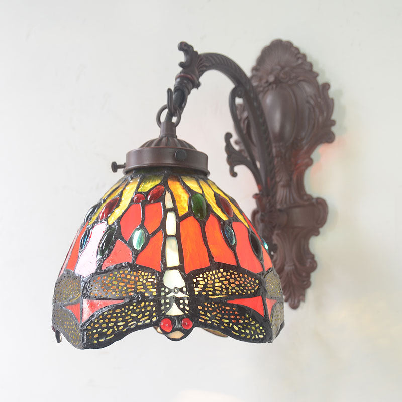 Victorian Dome Sconce Light Fixture 1 Bulb Red Cut Glass Wall Mount Lamp with Dragonfly Pattern Clearhalo 'Art deco wall lights' 'Cast Iron' 'Glass' 'Industrial' 'Middle century wall lights' 'Modern' 'Tiffany wall lights' 'Tiffany' 'Traditional wall lights' 'Wall Lamps & Sconces' 'Wall Lights' Lighting' 2029217