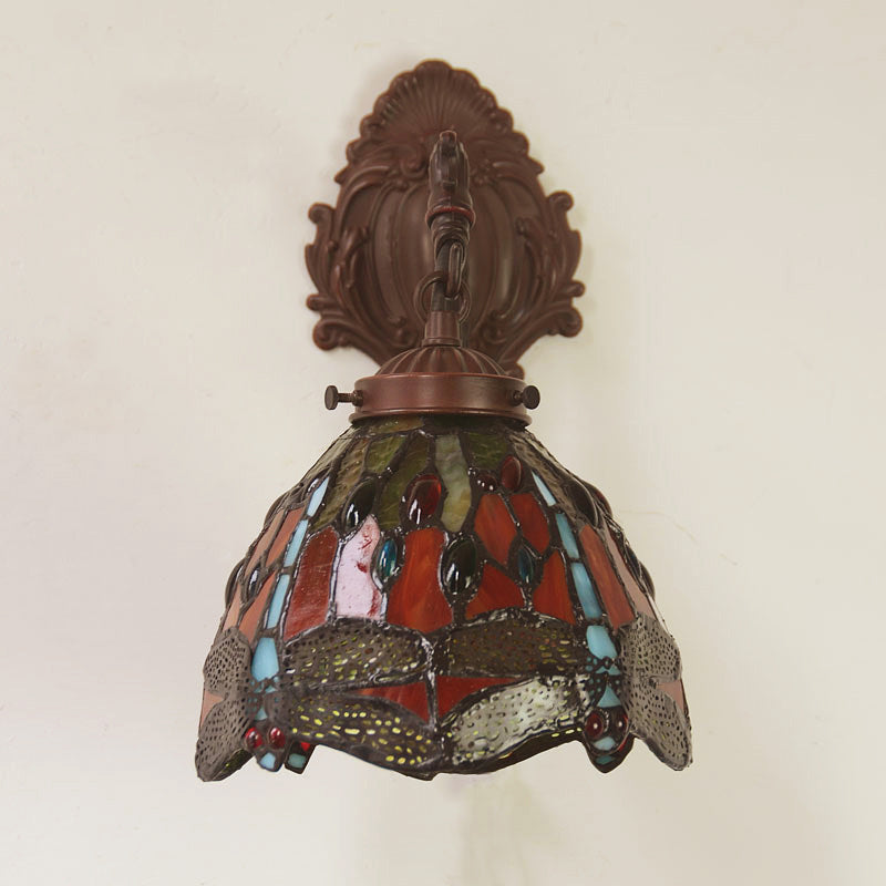 Victorian Dome Sconce Light Fixture 1 Bulb Red Cut Glass Wall Mount Lamp with Dragonfly Pattern Clearhalo 'Art deco wall lights' 'Cast Iron' 'Glass' 'Industrial' 'Middle century wall lights' 'Modern' 'Tiffany wall lights' 'Tiffany' 'Traditional wall lights' 'Wall Lamps & Sconces' 'Wall Lights' Lighting' 2029218