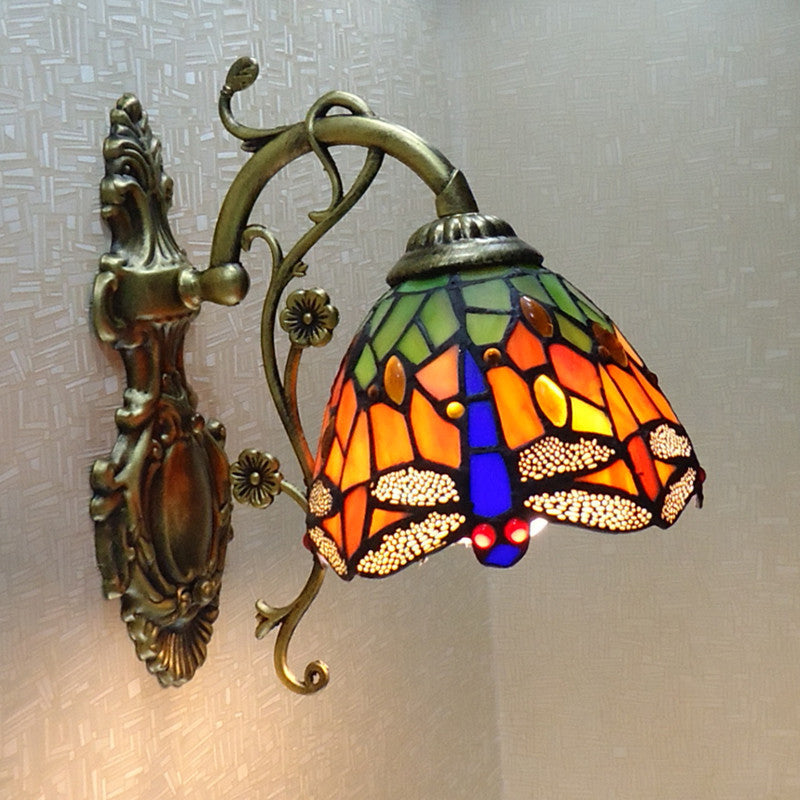 Hand Cut Glass Dragonfly Wall Sconce Tiffany Style 1 Light Wall Mount Light Fixture with Carved Backplate Clearhalo 'Art deco wall lights' 'Cast Iron' 'Glass' 'Industrial' 'Middle century wall lights' 'Modern' 'Tiffany wall lights' 'Tiffany' 'Traditional wall lights' 'Wall Lamps & Sconces' 'Wall Lights' Lighting' 2029221