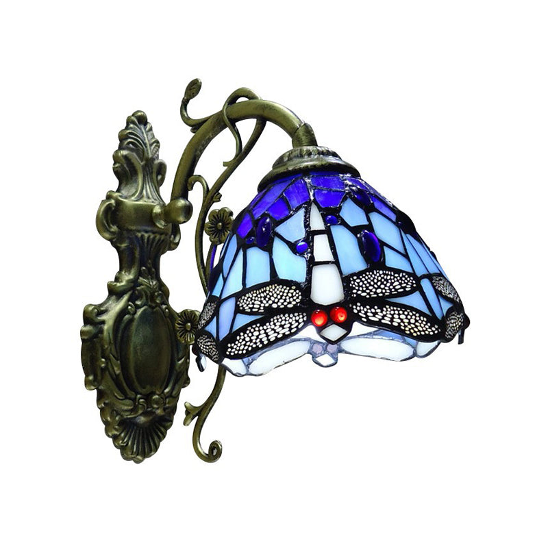 Hand Cut Glass Dragonfly Wall Sconce Tiffany Style 1 Light Wall Mount Light Fixture with Carved Backplate Blue Clearhalo 'Art deco wall lights' 'Cast Iron' 'Glass' 'Industrial' 'Middle century wall lights' 'Modern' 'Tiffany wall lights' 'Tiffany' 'Traditional wall lights' 'Wall Lamps & Sconces' 'Wall Lights' Lighting' 2029223