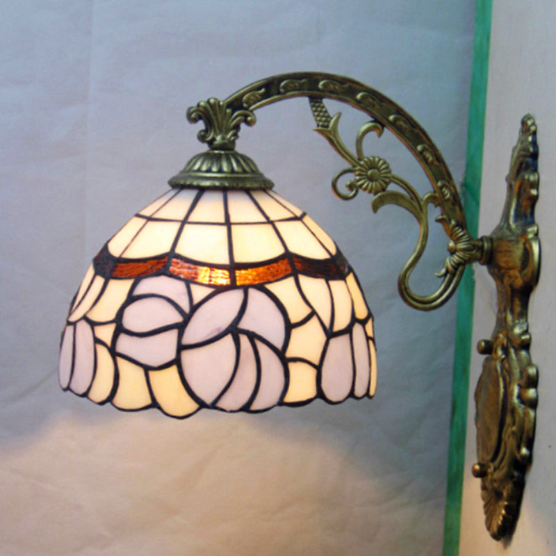 1 Light Bowl Wall Lamp Sconce Tiffany Style Blue Stained Art Glass Wall Lighting with Arched Arm Clearhalo 'Art deco wall lights' 'Cast Iron' 'Glass' 'Industrial' 'Middle century wall lights' 'Modern' 'Tiffany wall lights' 'Tiffany' 'Traditional wall lights' 'Wall Lamps & Sconces' 'Wall Lights' Lighting' 2029229