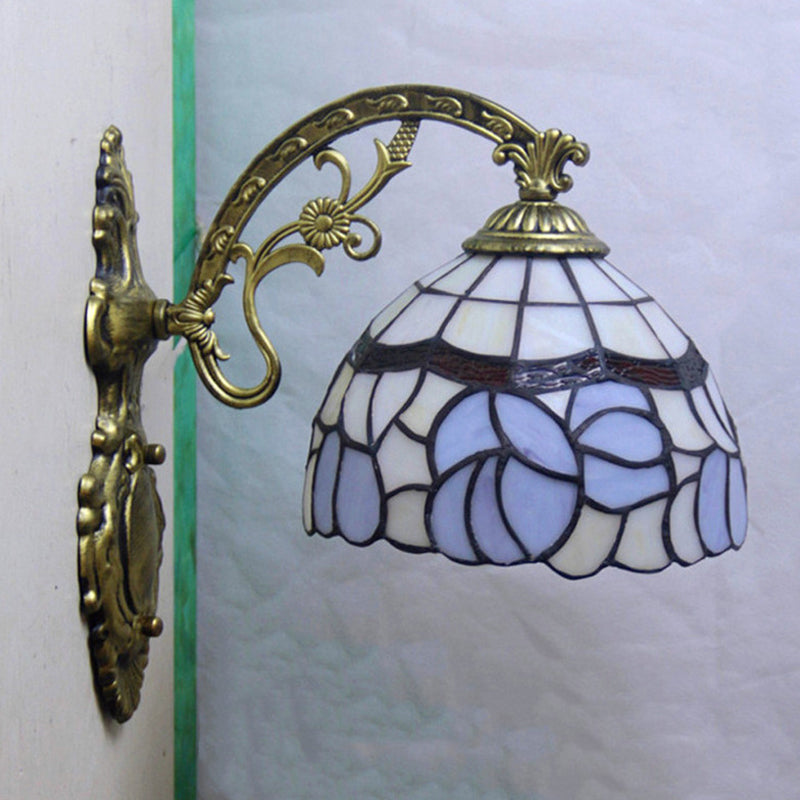 1 Light Bowl Wall Lamp Sconce Tiffany Style Blue Stained Art Glass Wall Lighting with Arched Arm Clearhalo 'Art deco wall lights' 'Cast Iron' 'Glass' 'Industrial' 'Middle century wall lights' 'Modern' 'Tiffany wall lights' 'Tiffany' 'Traditional wall lights' 'Wall Lamps & Sconces' 'Wall Lights' Lighting' 2029230