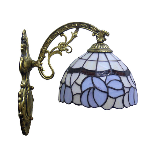 1 Light Bowl Wall Lamp Sconce Tiffany Style Blue Stained Art Glass Wall Lighting with Arched Arm Clearhalo 'Art deco wall lights' 'Cast Iron' 'Glass' 'Industrial' 'Middle century wall lights' 'Modern' 'Tiffany wall lights' 'Tiffany' 'Traditional wall lights' 'Wall Lamps & Sconces' 'Wall Lights' Lighting' 2029231