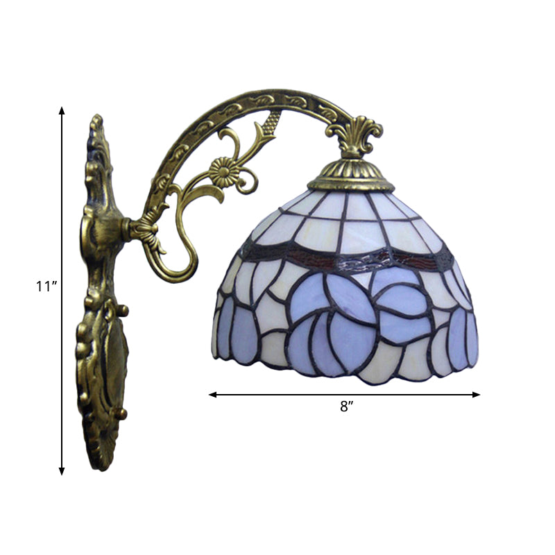 1 Light Bowl Wall Lamp Sconce Tiffany Style Blue Stained Art Glass Wall Lighting with Arched Arm Clearhalo 'Art deco wall lights' 'Cast Iron' 'Glass' 'Industrial' 'Middle century wall lights' 'Modern' 'Tiffany wall lights' 'Tiffany' 'Traditional wall lights' 'Wall Lamps & Sconces' 'Wall Lights' Lighting' 2029232