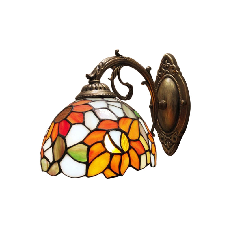 1-Light Sconce Light Fixture Baroque Dome Stained Glass Sunflower Patterned Wall Lighting Ideas in Orange Orange Clearhalo 'Art deco wall lights' 'Cast Iron' 'Glass' 'Industrial' 'Middle century wall lights' 'Modern' 'Tiffany wall lights' 'Tiffany' 'Traditional wall lights' 'Wall Lamps & Sconces' 'Wall Lights' Lighting' 2029233