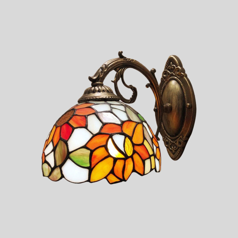 1-Light Sconce Light Fixture Baroque Dome Stained Glass Sunflower Patterned Wall Lighting Ideas in Orange Clearhalo 'Art deco wall lights' 'Cast Iron' 'Glass' 'Industrial' 'Middle century wall lights' 'Modern' 'Tiffany wall lights' 'Tiffany' 'Traditional wall lights' 'Wall Lamps & Sconces' 'Wall Lights' Lighting' 2029235
