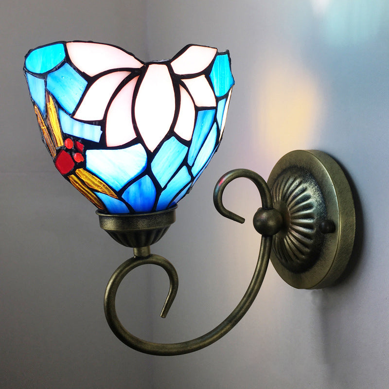 Metal Brass Wall Sconce Swirled Arm 1-Light Tiffany Wall Hanging Light with Geometry Cut Glass Shade Brass A Clearhalo 'Art deco wall lights' 'Cast Iron' 'Glass' 'Industrial' 'Middle century wall lights' 'Modern' 'Tiffany wall lights' 'Tiffany' 'Traditional wall lights' 'Wall Lamps & Sconces' 'Wall Lights' Lighting' 2029253