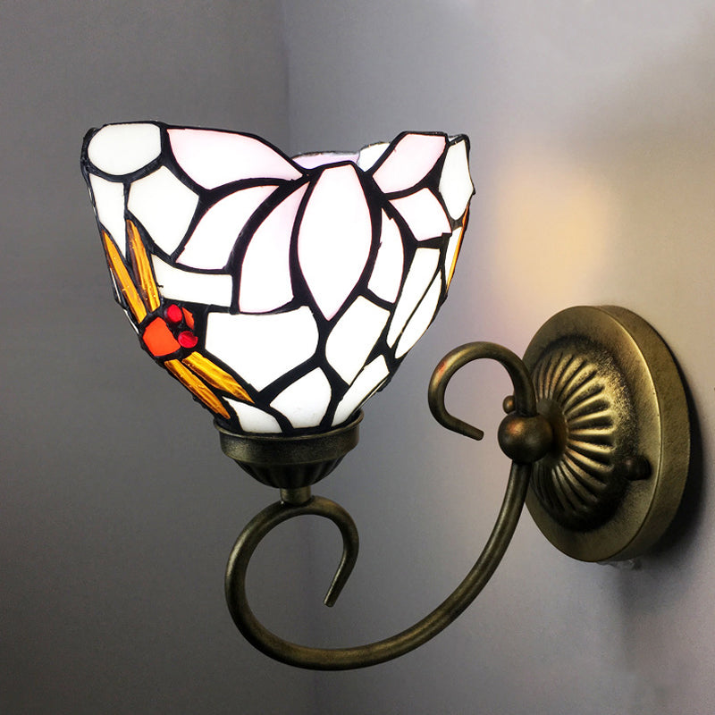 Metal Brass Wall Sconce Swirled Arm 1-Light Tiffany Wall Hanging Light with Geometry Cut Glass Shade Brass B Clearhalo 'Art deco wall lights' 'Cast Iron' 'Glass' 'Industrial' 'Middle century wall lights' 'Modern' 'Tiffany wall lights' 'Tiffany' 'Traditional wall lights' 'Wall Lamps & Sconces' 'Wall Lights' Lighting' 2029258