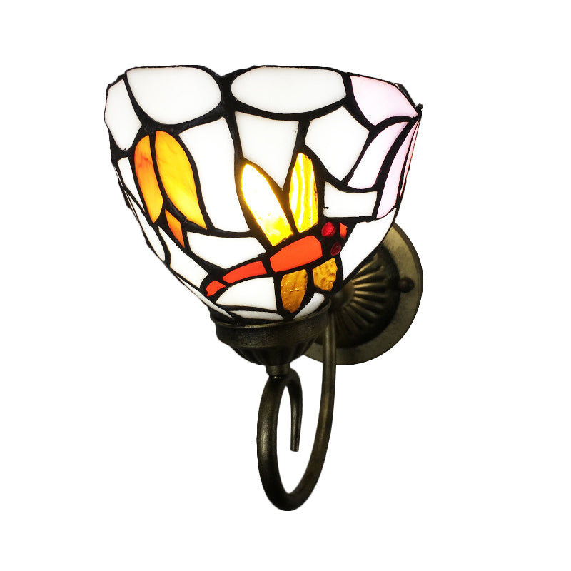 Metal Brass Wall Sconce Swirled Arm 1-Light Tiffany Wall Hanging Light with Geometry Cut Glass Shade Clearhalo 'Art deco wall lights' 'Cast Iron' 'Glass' 'Industrial' 'Middle century wall lights' 'Modern' 'Tiffany wall lights' 'Tiffany' 'Traditional wall lights' 'Wall Lamps & Sconces' 'Wall Lights' Lighting' 2029259