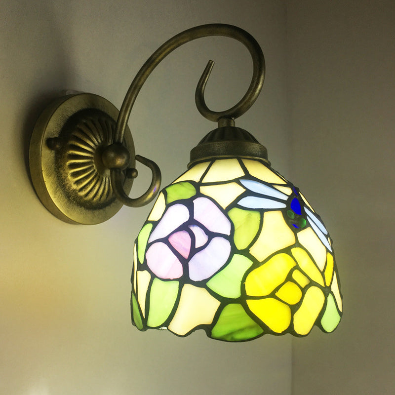 Metal Brass Wall Sconce Swirled Arm 1-Light Tiffany Wall Hanging Light with Geometry Cut Glass Shade Brass E Clearhalo 'Art deco wall lights' 'Cast Iron' 'Glass' 'Industrial' 'Middle century wall lights' 'Modern' 'Tiffany wall lights' 'Tiffany' 'Traditional wall lights' 'Wall Lamps & Sconces' 'Wall Lights' Lighting' 2029268