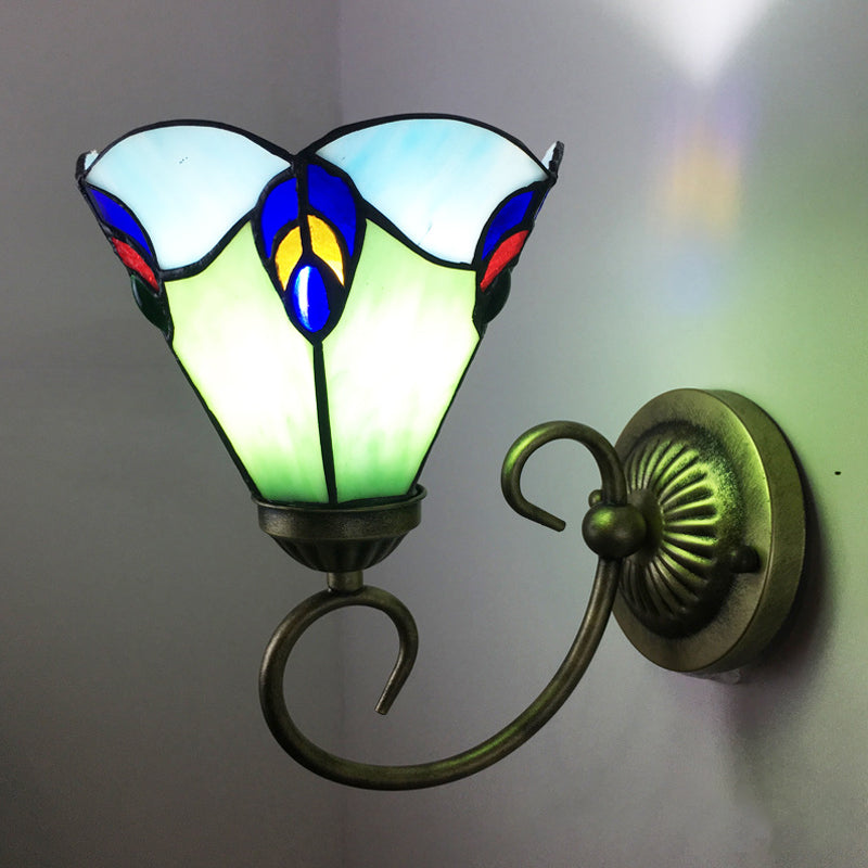 Metal Brass Wall Sconce Swirled Arm 1-Light Tiffany Wall Hanging Light with Geometry Cut Glass Shade Brass F Clearhalo 'Art deco wall lights' 'Cast Iron' 'Glass' 'Industrial' 'Middle century wall lights' 'Modern' 'Tiffany wall lights' 'Tiffany' 'Traditional wall lights' 'Wall Lamps & Sconces' 'Wall Lights' Lighting' 2029271