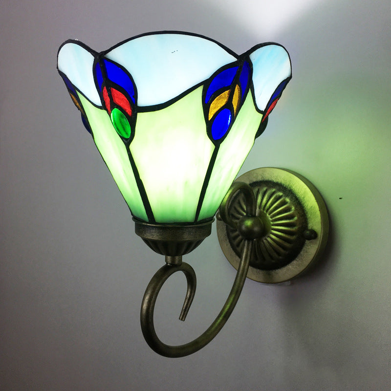 Metal Brass Wall Sconce Swirled Arm 1-Light Tiffany Wall Hanging Light with Geometry Cut Glass Shade Clearhalo 'Art deco wall lights' 'Cast Iron' 'Glass' 'Industrial' 'Middle century wall lights' 'Modern' 'Tiffany wall lights' 'Tiffany' 'Traditional wall lights' 'Wall Lamps & Sconces' 'Wall Lights' Lighting' 2029273