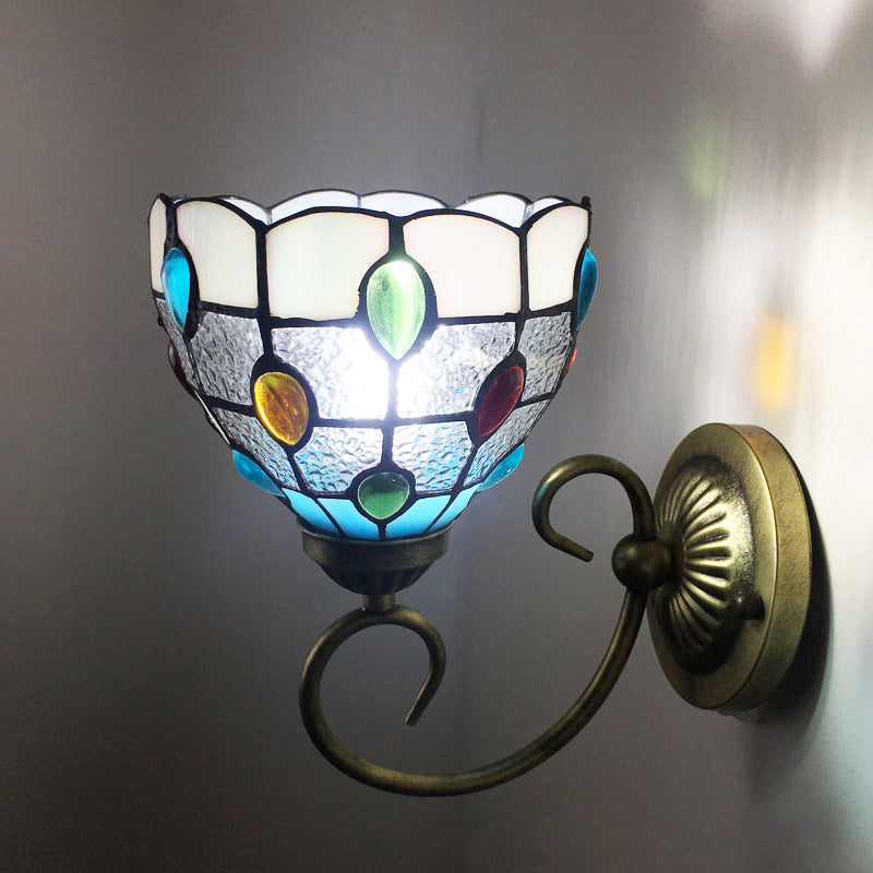 Metal Brass Wall Sconce Swirled Arm 1-Light Tiffany Wall Hanging Light with Geometry Cut Glass Shade Brass H Clearhalo 'Art deco wall lights' 'Cast Iron' 'Glass' 'Industrial' 'Middle century wall lights' 'Modern' 'Tiffany wall lights' 'Tiffany' 'Traditional wall lights' 'Wall Lamps & Sconces' 'Wall Lights' Lighting' 2029277