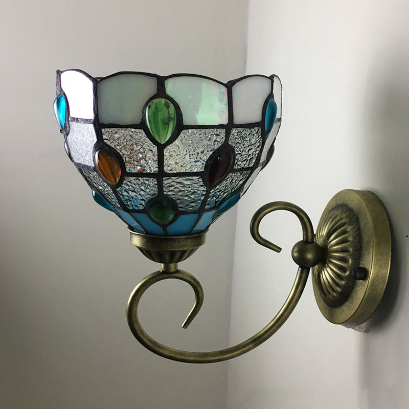 Metal Brass Wall Sconce Swirled Arm 1-Light Tiffany Wall Hanging Light with Geometry Cut Glass Shade Clearhalo 'Art deco wall lights' 'Cast Iron' 'Glass' 'Industrial' 'Middle century wall lights' 'Modern' 'Tiffany wall lights' 'Tiffany' 'Traditional wall lights' 'Wall Lamps & Sconces' 'Wall Lights' Lighting' 2029278