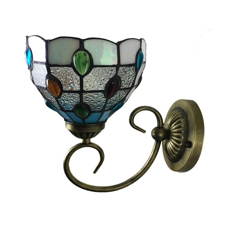 Metal Brass Wall Sconce Swirled Arm 1-Light Tiffany Wall Hanging Light with Geometry Cut Glass Shade Clearhalo 'Art deco wall lights' 'Cast Iron' 'Glass' 'Industrial' 'Middle century wall lights' 'Modern' 'Tiffany wall lights' 'Tiffany' 'Traditional wall lights' 'Wall Lamps & Sconces' 'Wall Lights' Lighting' 2029279
