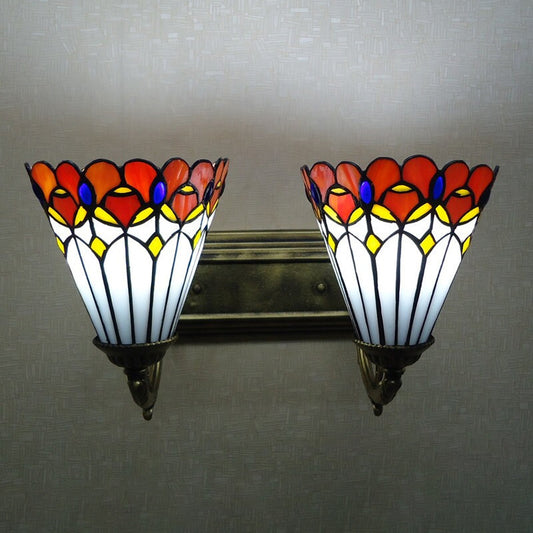 Conical Wall Sconce Light Stained Glass Tiffany Wall Lighting with Curving Arm in Red 2.0 Red Clearhalo 'Art deco wall lights' 'Cast Iron' 'Glass' 'Industrial' 'Middle century wall lights' 'Modern' 'Tiffany wall lights' 'Tiffany' 'Traditional wall lights' 'Wall Lamps & Sconces' 'Wall Lights' Lighting' 2029282