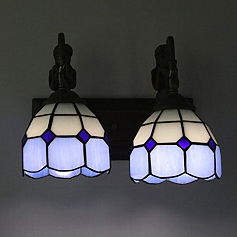 Lattice Dome Wall Light Fixture Baroque Blue Stained Glass 2 Lights Black Wall Sconce Lighting Blue Clearhalo 'Art deco wall lights' 'Cast Iron' 'Glass' 'Industrial' 'Middle century wall lights' 'Modern' 'Tiffany wall lights' 'Tiffany' 'Traditional wall lights' 'Wall Lamps & Sconces' 'Wall Lights' Lighting' 2029291