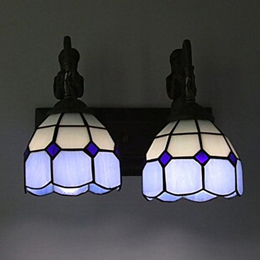 Lattice Dome Wall Light Fixture Baroque Blue Stained Glass 2 Lights Black Wall Sconce Lighting Blue Clearhalo 'Art deco wall lights' 'Cast Iron' 'Glass' 'Industrial' 'Middle century wall lights' 'Modern' 'Tiffany wall lights' 'Tiffany' 'Traditional wall lights' 'Wall Lamps & Sconces' 'Wall Lights' Lighting' 2029291