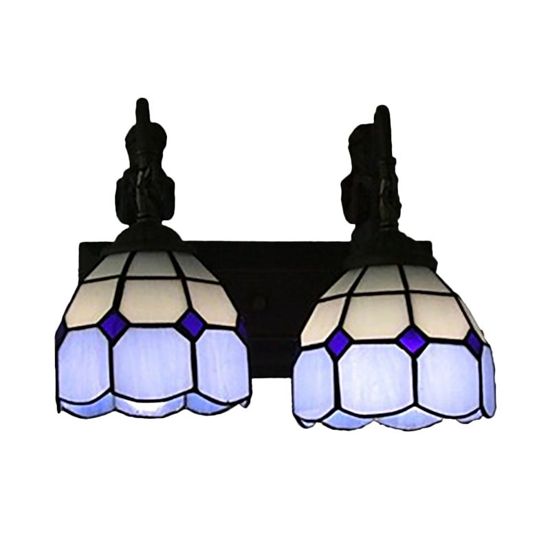 Lattice Dome Wall Light Fixture Baroque Blue Stained Glass 2 Lights Black Wall Sconce Lighting Clearhalo 'Art deco wall lights' 'Cast Iron' 'Glass' 'Industrial' 'Middle century wall lights' 'Modern' 'Tiffany wall lights' 'Tiffany' 'Traditional wall lights' 'Wall Lamps & Sconces' 'Wall Lights' Lighting' 2029292