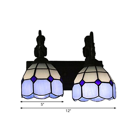 Lattice Dome Wall Light Fixture Baroque Blue Stained Glass 2 Lights Black Wall Sconce Lighting Clearhalo 'Art deco wall lights' 'Cast Iron' 'Glass' 'Industrial' 'Middle century wall lights' 'Modern' 'Tiffany wall lights' 'Tiffany' 'Traditional wall lights' 'Wall Lamps & Sconces' 'Wall Lights' Lighting' 2029293