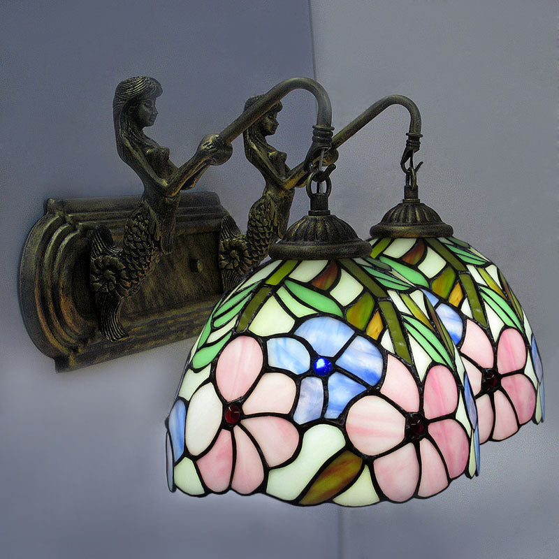Tiffany Floral Bowl Wall Lamp Sconce Hand Cut Glass Wall Mount Lighting in Brass Clearhalo 'Art deco wall lights' 'Cast Iron' 'Glass' 'Industrial' 'Middle century wall lights' 'Modern' 'Tiffany wall lights' 'Tiffany' 'Traditional wall lights' 'Wall Lamps & Sconces' 'Wall Lights' Lighting' 2029295