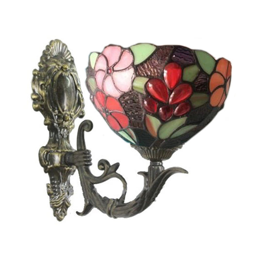 Tiffany Floral Bowl Wall Lamp Sconce Hand Cut Glass Wall Mount Lighting in Brass 1.0 Brass Clearhalo 'Art deco wall lights' 'Cast Iron' 'Glass' 'Industrial' 'Middle century wall lights' 'Modern' 'Tiffany wall lights' 'Tiffany' 'Traditional wall lights' 'Wall Lamps & Sconces' 'Wall Lights' Lighting' 2029297