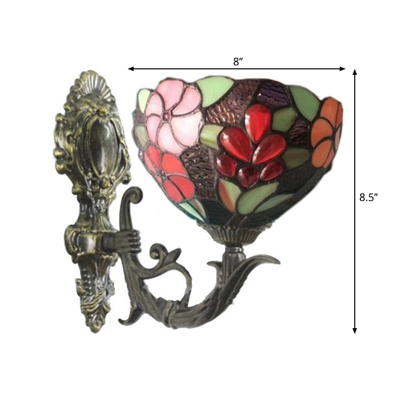 Tiffany Floral Bowl Wall Lamp Sconce Hand Cut Glass Wall Mount Lighting in Brass Clearhalo 'Art deco wall lights' 'Cast Iron' 'Glass' 'Industrial' 'Middle century wall lights' 'Modern' 'Tiffany wall lights' 'Tiffany' 'Traditional wall lights' 'Wall Lamps & Sconces' 'Wall Lights' Lighting' 2029298