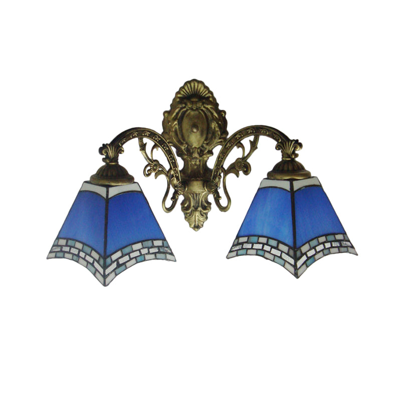 Blue Cut Glass Pyramid Wall Light Mediterranean Brass Wall Mounted Lamp with Curved Arm Clearhalo 'Art deco wall lights' 'Cast Iron' 'Glass' 'Industrial' 'Middle century wall lights' 'Modern' 'Tiffany wall lights' 'Tiffany' 'Traditional wall lights' 'Wall Lamps & Sconces' 'Wall Lights' Lighting' 2029301