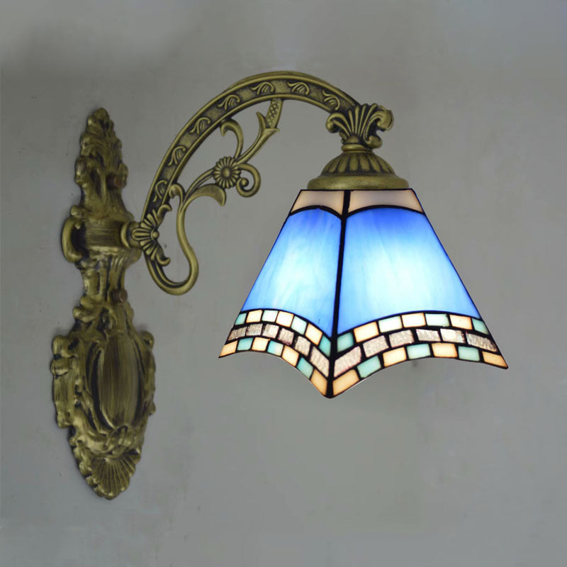 Blue Cut Glass Pyramid Wall Light Mediterranean Brass Wall Mounted Lamp with Curved Arm 1.0 Blue Clearhalo 'Art deco wall lights' 'Cast Iron' 'Glass' 'Industrial' 'Middle century wall lights' 'Modern' 'Tiffany wall lights' 'Tiffany' 'Traditional wall lights' 'Wall Lamps & Sconces' 'Wall Lights' Lighting' 2029303
