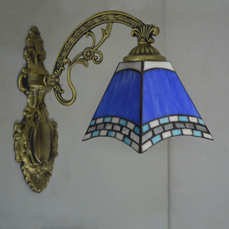 Blue Cut Glass Pyramid Wall Light Mediterranean Brass Wall Mounted Lamp with Curved Arm Clearhalo 'Art deco wall lights' 'Cast Iron' 'Glass' 'Industrial' 'Middle century wall lights' 'Modern' 'Tiffany wall lights' 'Tiffany' 'Traditional wall lights' 'Wall Lamps & Sconces' 'Wall Lights' Lighting' 2029304