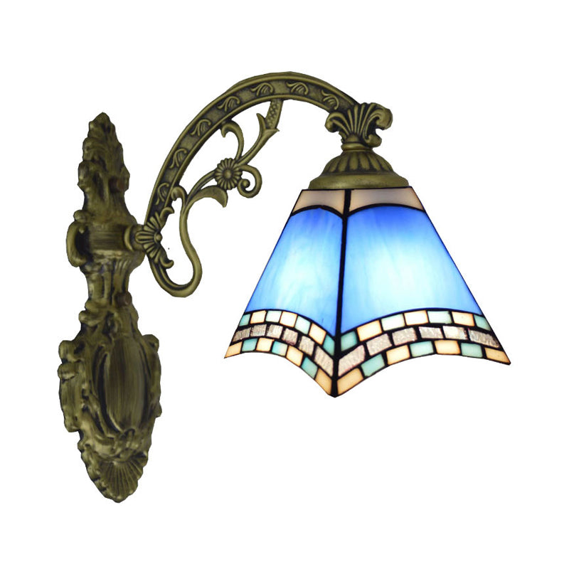 Blue Cut Glass Pyramid Wall Light Mediterranean Brass Wall Mounted Lamp with Curved Arm Clearhalo 'Art deco wall lights' 'Cast Iron' 'Glass' 'Industrial' 'Middle century wall lights' 'Modern' 'Tiffany wall lights' 'Tiffany' 'Traditional wall lights' 'Wall Lamps & Sconces' 'Wall Lights' Lighting' 2029305