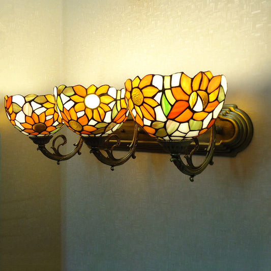 3-Light Bowl Sconce Light Victorian Yellow Hand Cut Glass Wall Lighting Fixture with Sunflower Pattern Clearhalo 'Art deco wall lights' 'Cast Iron' 'Glass' 'Industrial' 'Middle century wall lights' 'Modern' 'Tiffany wall lights' 'Tiffany' 'Traditional wall lights' 'Wall Lamps & Sconces' 'Wall Lights' Lighting' 2029310