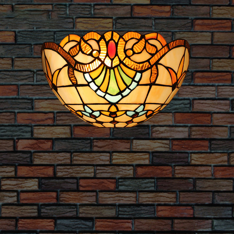 1-Head Flush Wall Sconce Tiffany Style Bowl Shade Stained Glass Wall Light Fixture Yellow Clearhalo 'Art deco wall lights' 'Cast Iron' 'Glass' 'Industrial' 'Middle century wall lights' 'Modern' 'Tiffany wall lights' 'Tiffany' 'Traditional wall lights' 'Wall Lamps & Sconces' 'Wall Lights' Lighting' 2029313