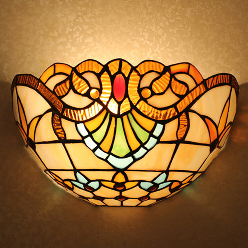 1-Head Flush Wall Sconce Tiffany Style Bowl Shade Stained Glass Wall Light Fixture Clearhalo 'Art deco wall lights' 'Cast Iron' 'Glass' 'Industrial' 'Middle century wall lights' 'Modern' 'Tiffany wall lights' 'Tiffany' 'Traditional wall lights' 'Wall Lamps & Sconces' 'Wall Lights' Lighting' 2029315